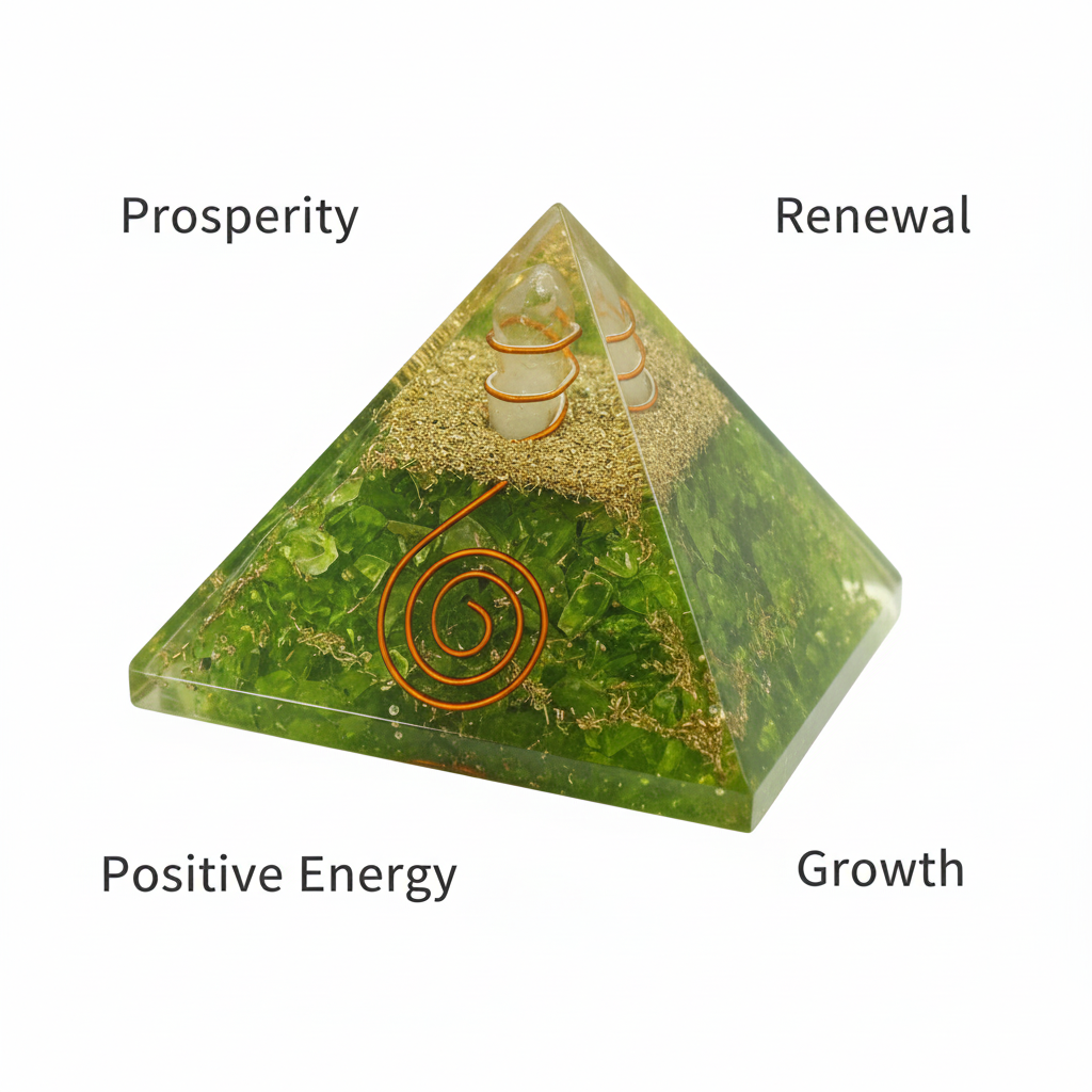 Green Peridot crystal pyramid with prosperity, renewal, positive energy and growth labels