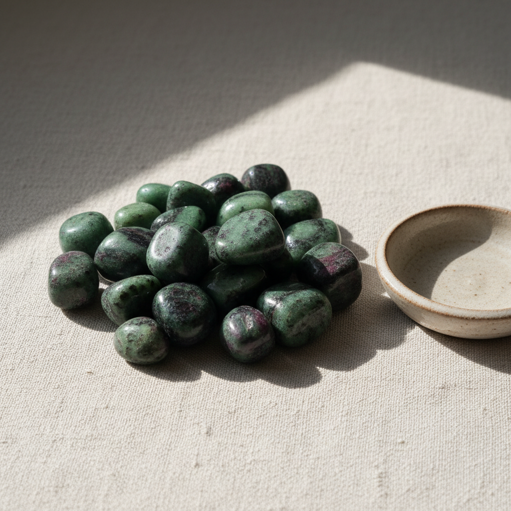 Polished Ruby Zoisite tumble stones arranged on a neutral linen surface