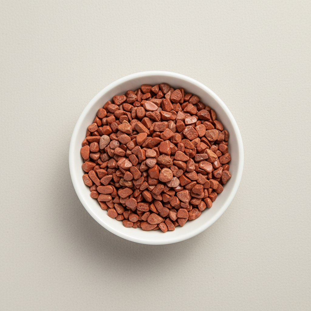 Red Jasper crystal chips arranged in a white ceramic dish