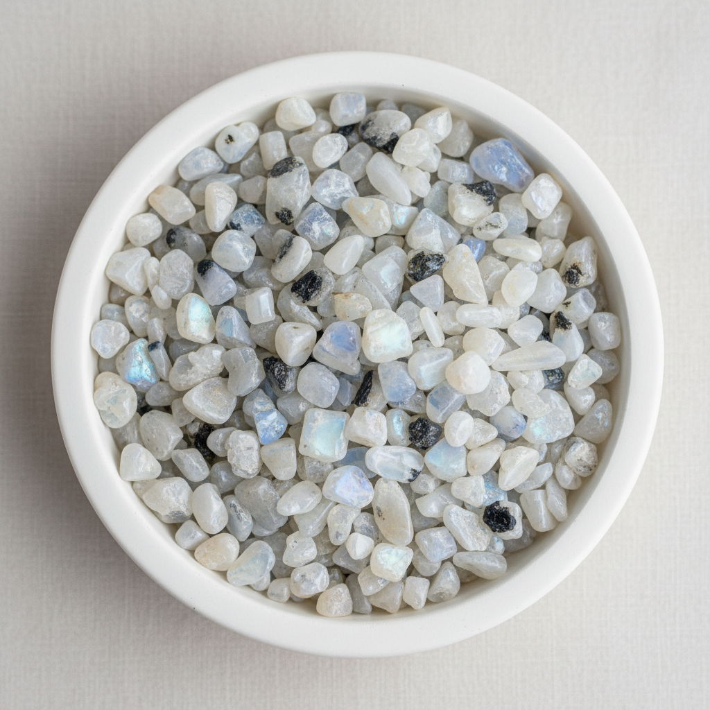 Rainbow Moonstone crystal chips arranged in a white ceramic dish