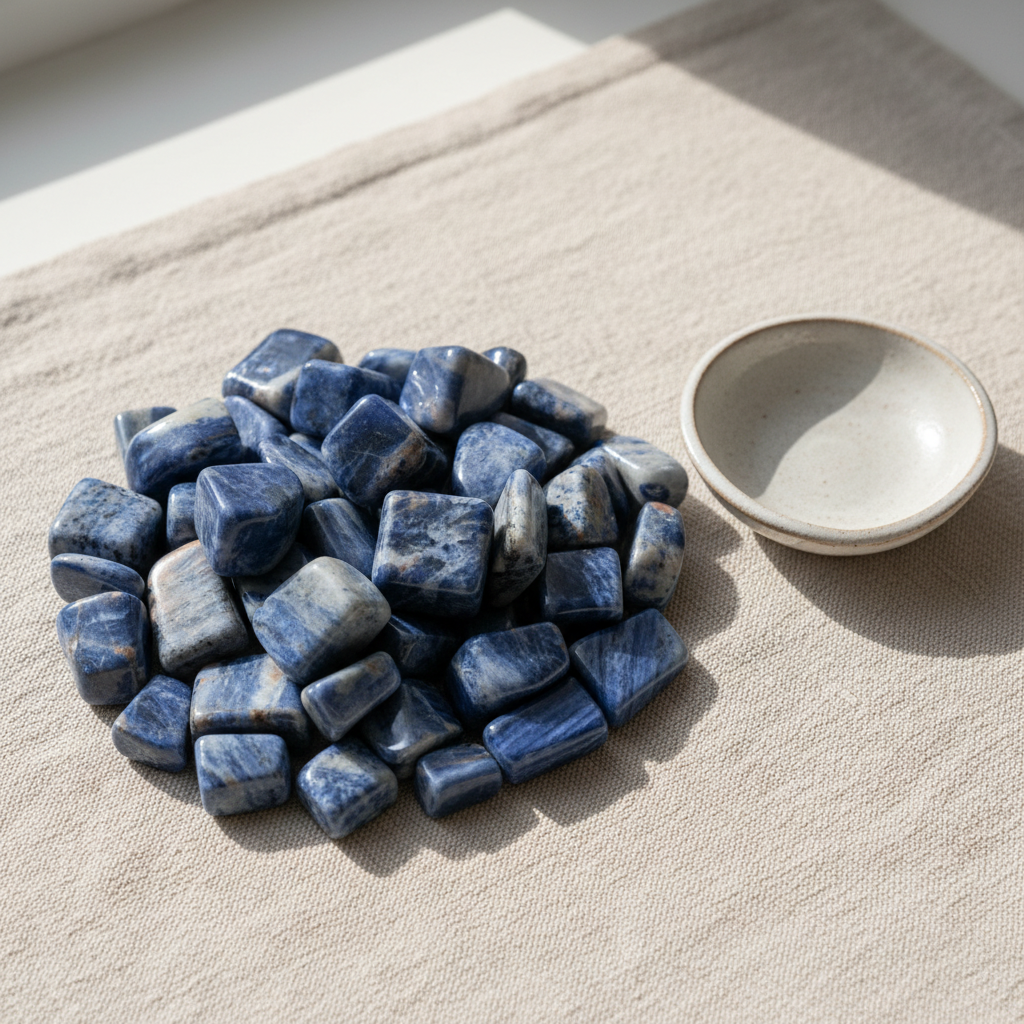 Polished Sodalite tumble stones arranged on a neutral linen surface