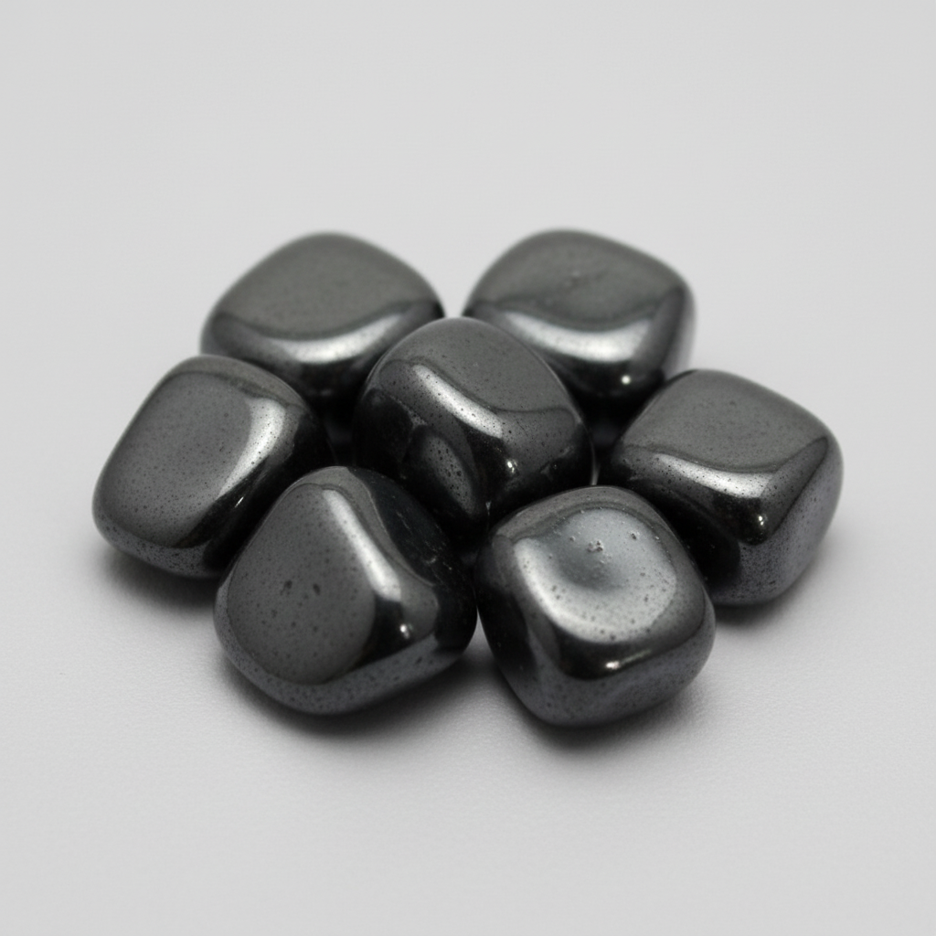 Close-up of polished hematite tumble stones on a light-gray background