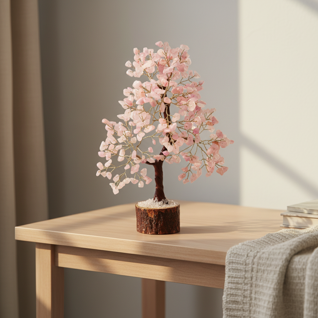 Rose Quartz crystal tree displayed on a wooden table in a calm warm bedroom or meditation space