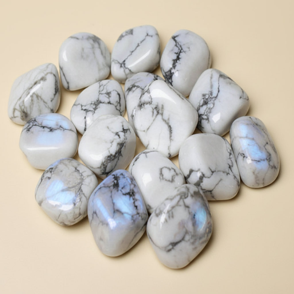 Polished Rainbow Moonstone tumble stones arranged on a warm ivory background