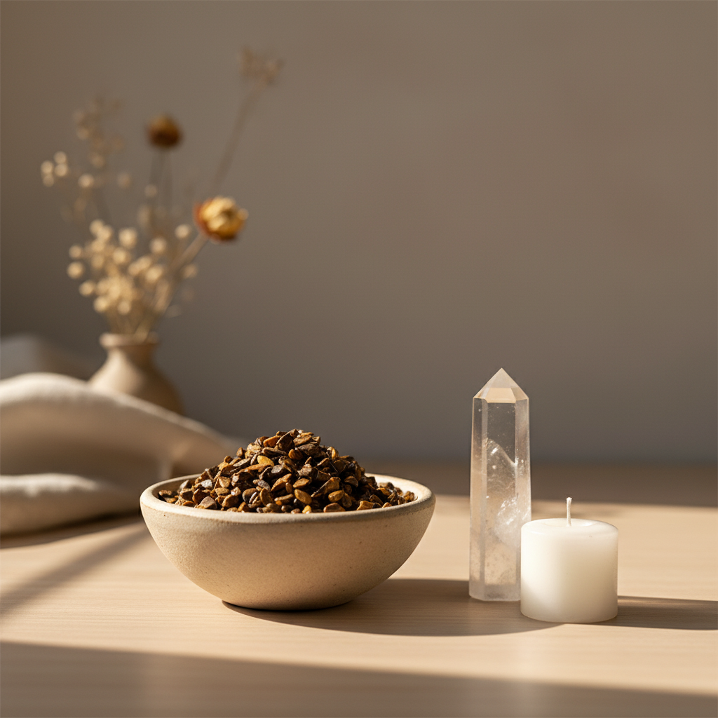 Tiger Eye Crystal Chips in a ceramic bowl in a calm spiritual home setting