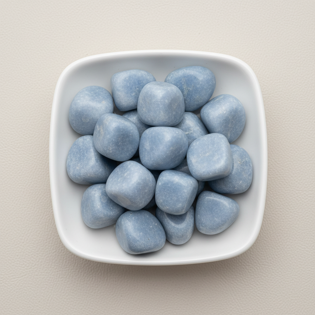 Angelite tumble stones arranged in a white ceramic dish