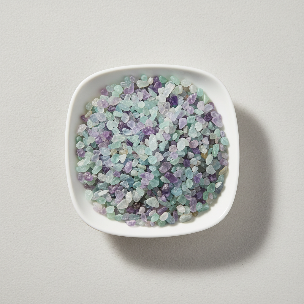 Fluorite crystal chips arranged in a white ceramic dish