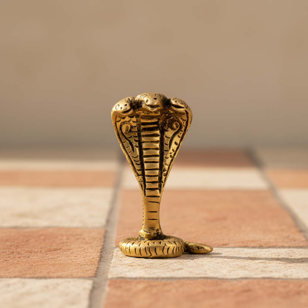 Gold-brass cobra snake figurine on a warm terracotta and cream stone surface