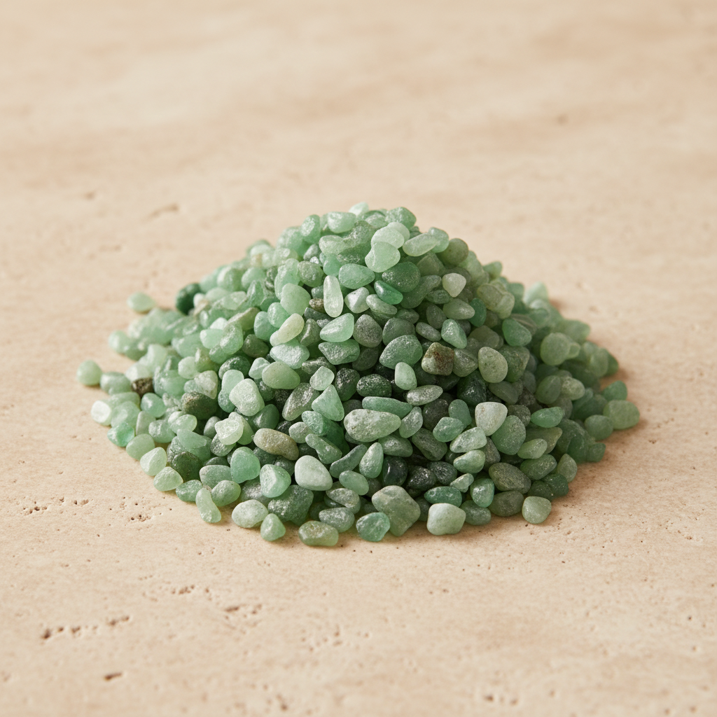 Green Aventurine Crystal Chips arranged on a warm neutral stone surface