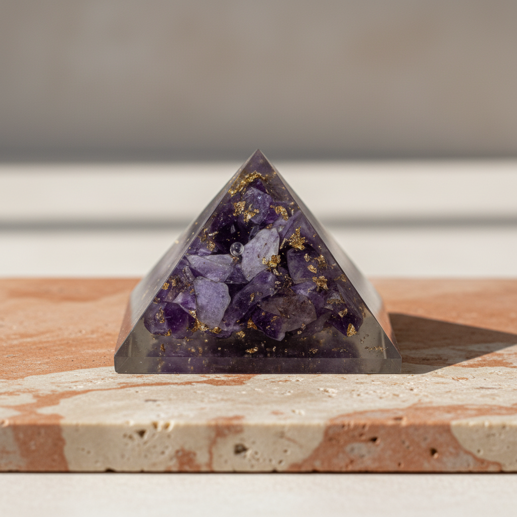 Purple amethyst pyramid on a warm terracotta and cream stone surface