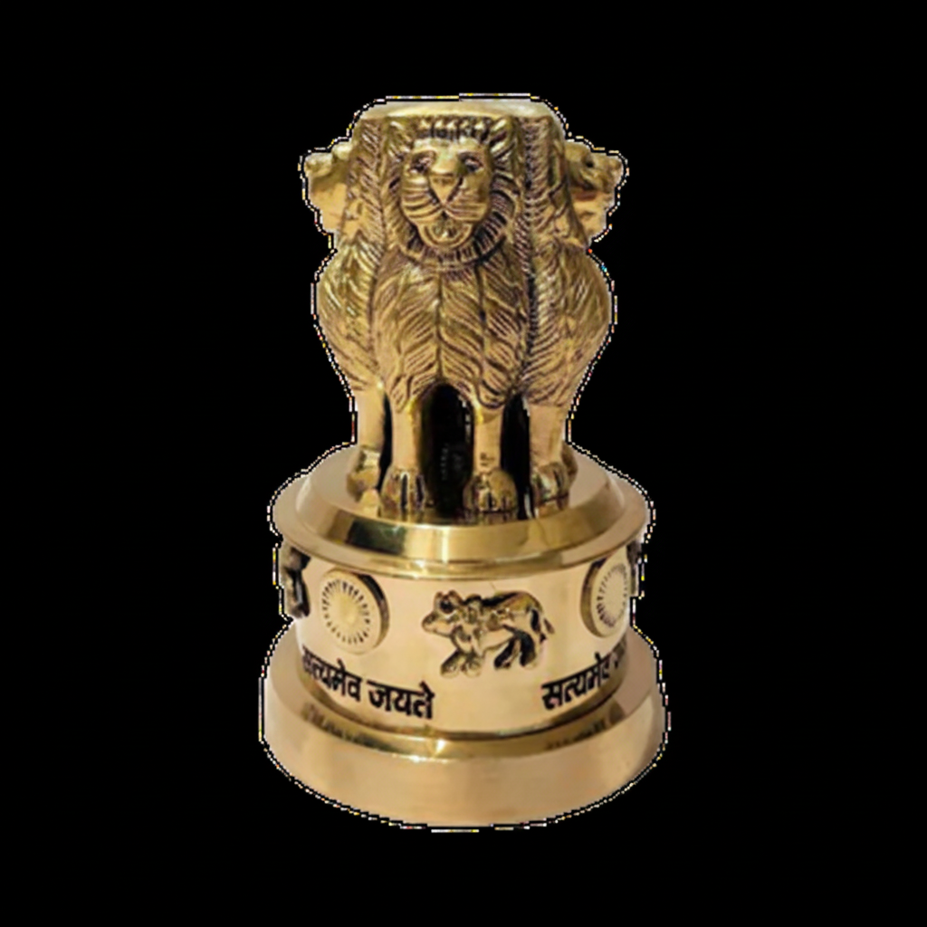 Front view of the brass Ashoka Stambh-inspired decorative piece