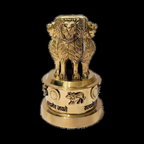 Front view of the brass Ashoka Stambh-inspired decorative piece