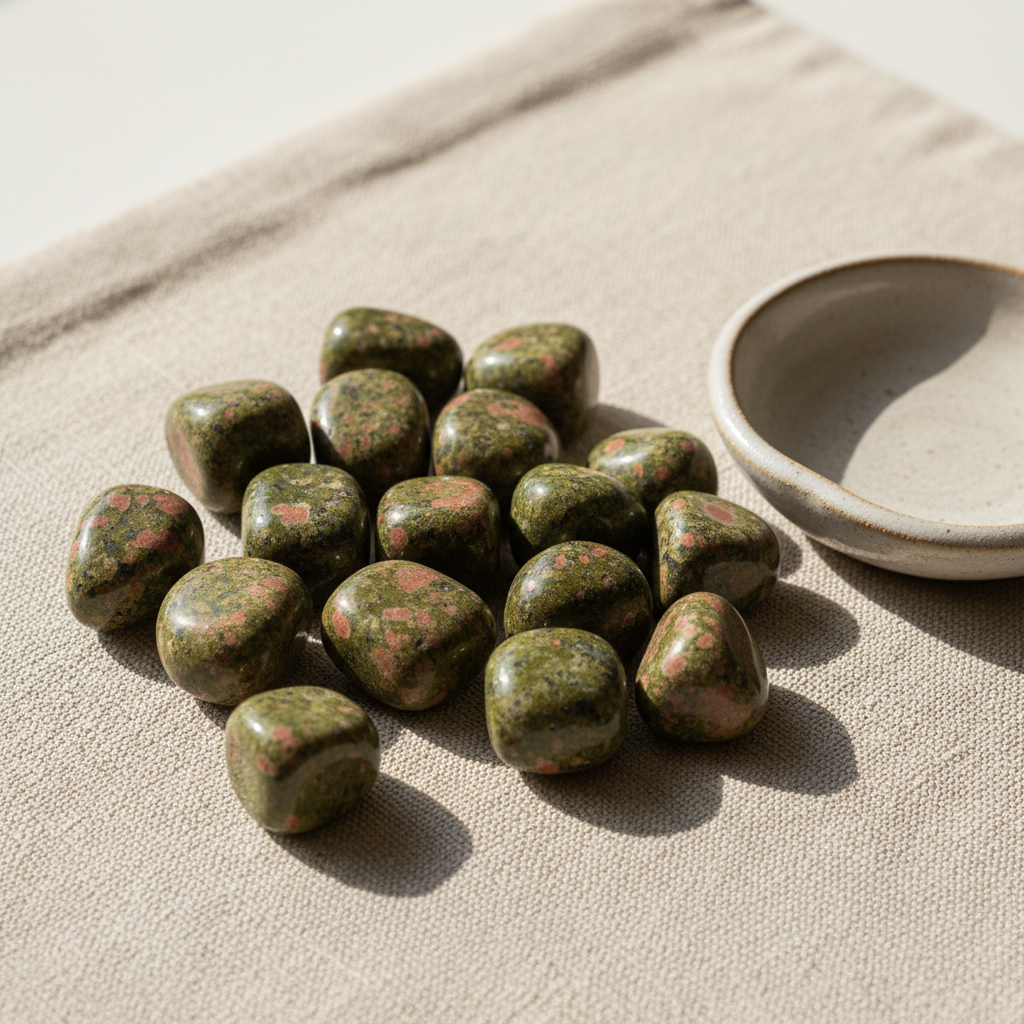 Polished Unakite tumble stones arranged on a neutral linen surface