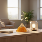 Citrine crystal pyramid styled in a calm sunlit workspace