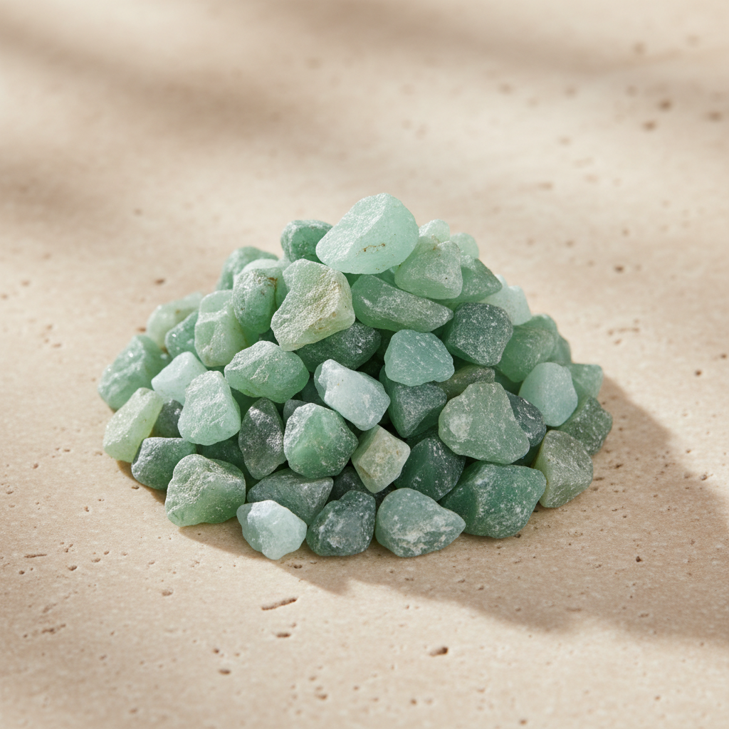 Green Jade Crystal Chips arranged on a warm neutral stone surface