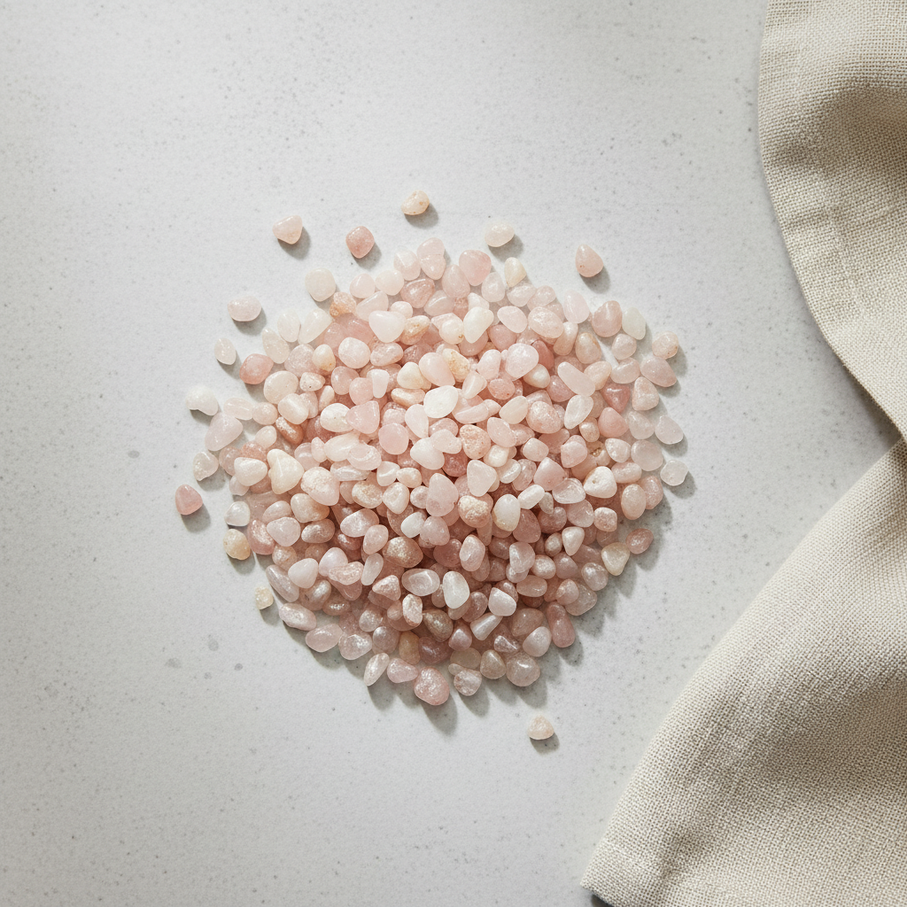 Rose Quartz crystal chips arranged with neutral linen décor