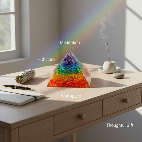 7 Chakra crystal coil pyramid displayed in a meditation and workspace setting