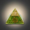 Luminous green Peridot crystal pyramid on a premium studio background