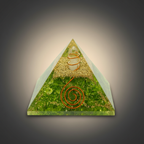 Luminous green Peridot crystal pyramid on a premium studio background