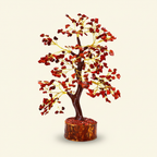 Red Jasper crystal tree with deep red chips, golden branches, and a warm wood base on an ivory background