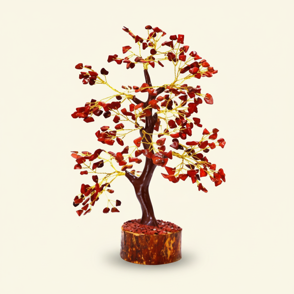 Red Jasper crystal tree with deep red chips, golden branches, and a warm wood base on an ivory background