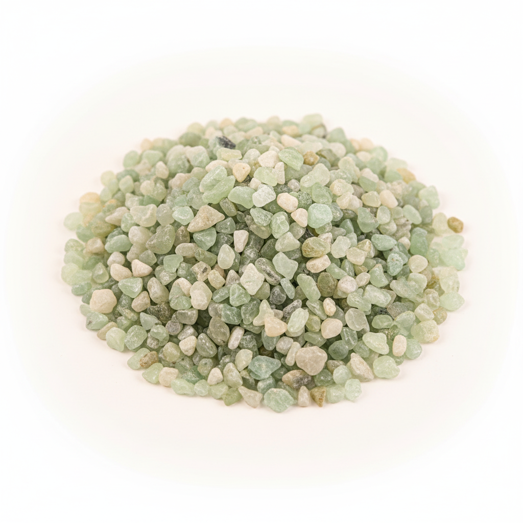 Close-up pile of Prehnite crystal chips on a light background