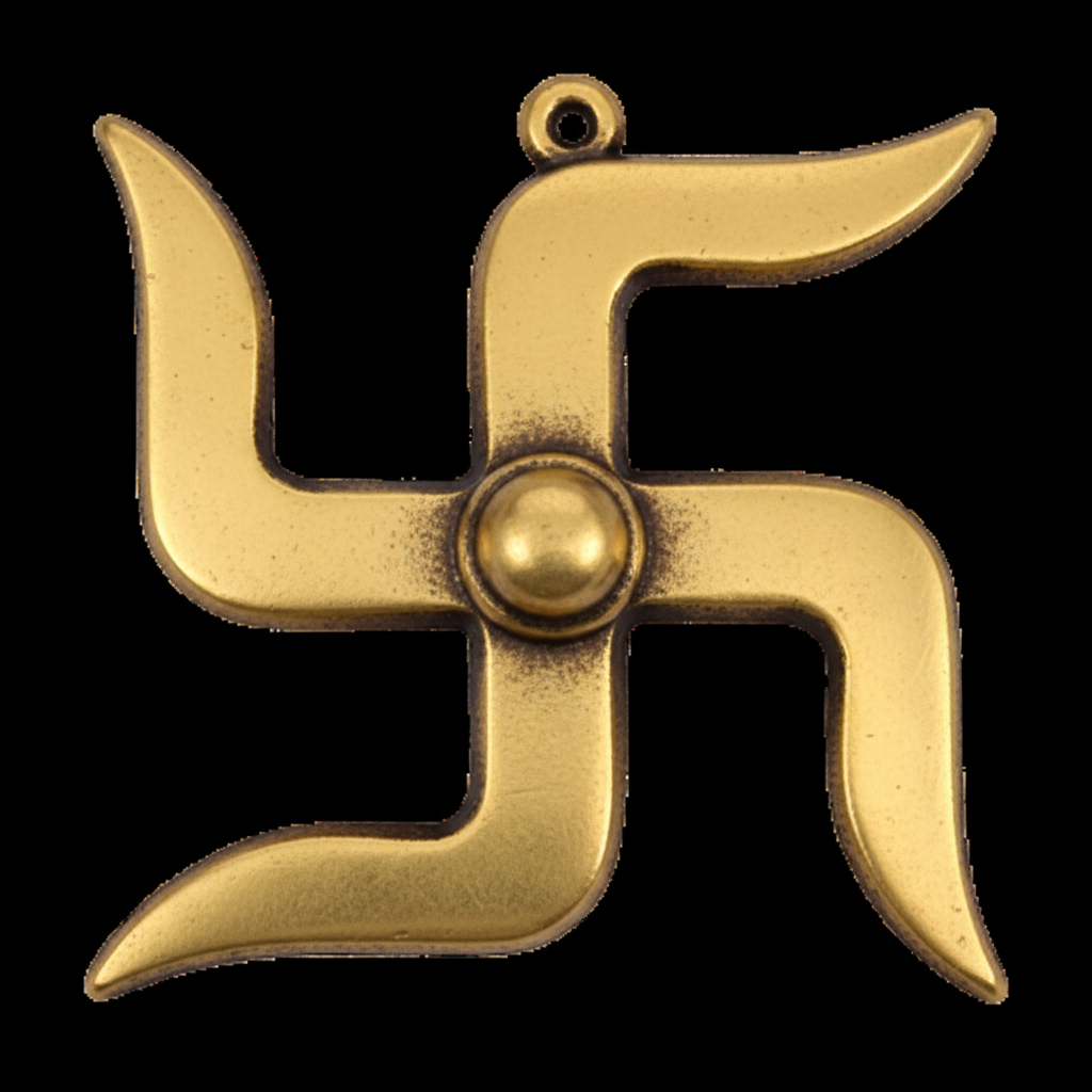 Gold-brass Swastik decor on a plain black background