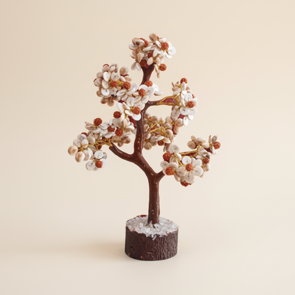 Rudraksha Gomti Chakra tree with pale stones, red accents, reddish-brown branches, and dark wood base on an ivory background