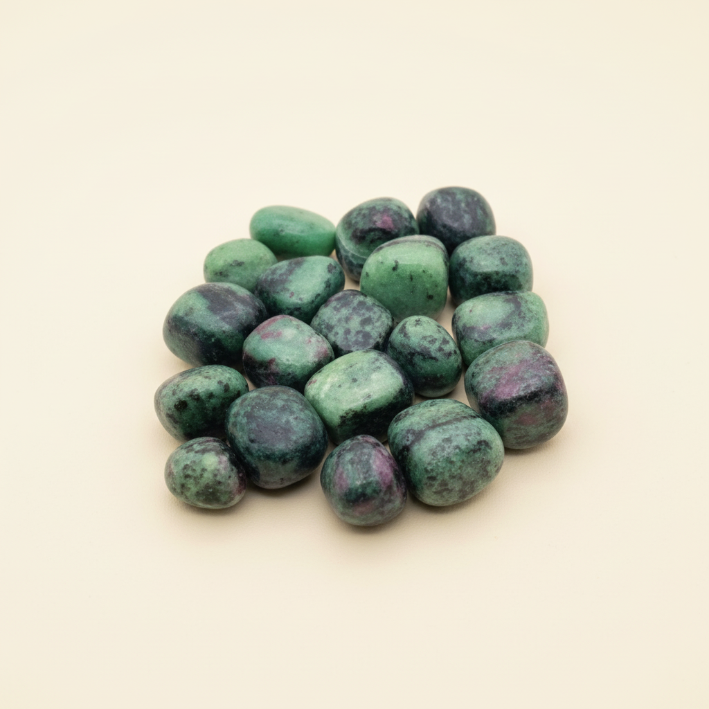 Polished Ruby Zoisite tumble stones arranged on an ivory studio background
