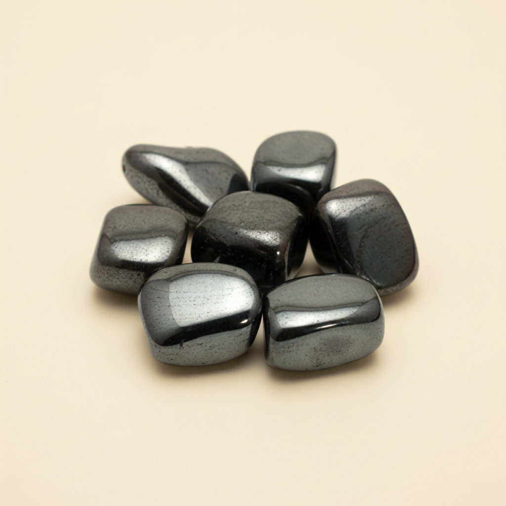 Polished hematite tumble stones arranged on a warm ivory background