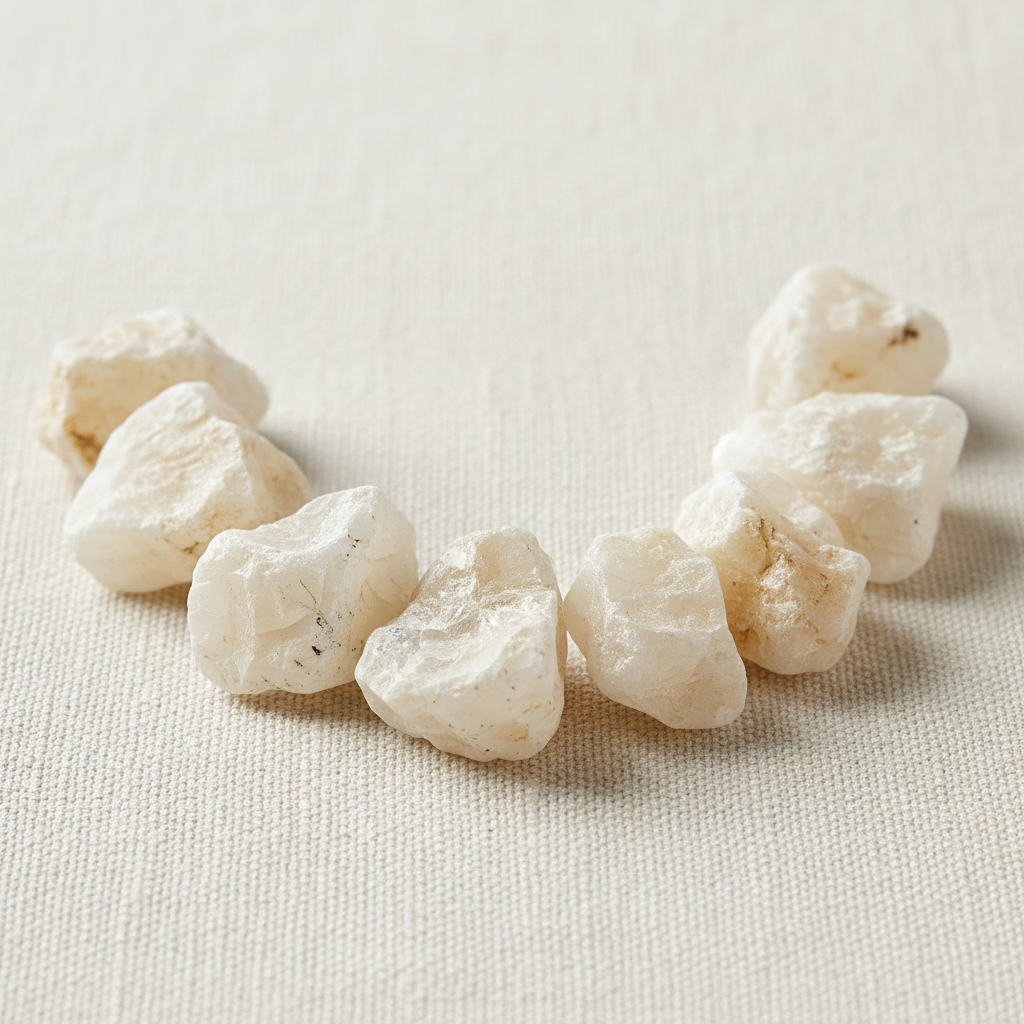Close-up of rough creamy white and pale golden Calcite Crystal Chips