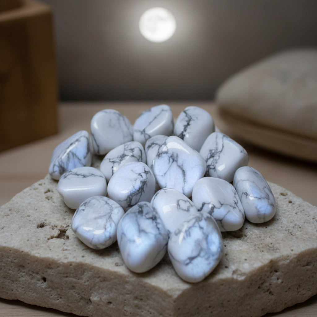 Polished Rainbow Moonstone tumble stones arranged on a pale natural stone surface