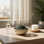 Ruby-Zoisite Crystal Chips in a ceramic bowl in a calm spiritual home setting