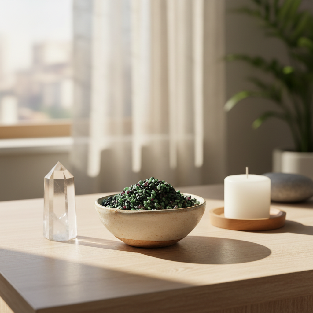 Ruby-Zoisite Crystal Chips in a ceramic bowl in a calm spiritual home setting