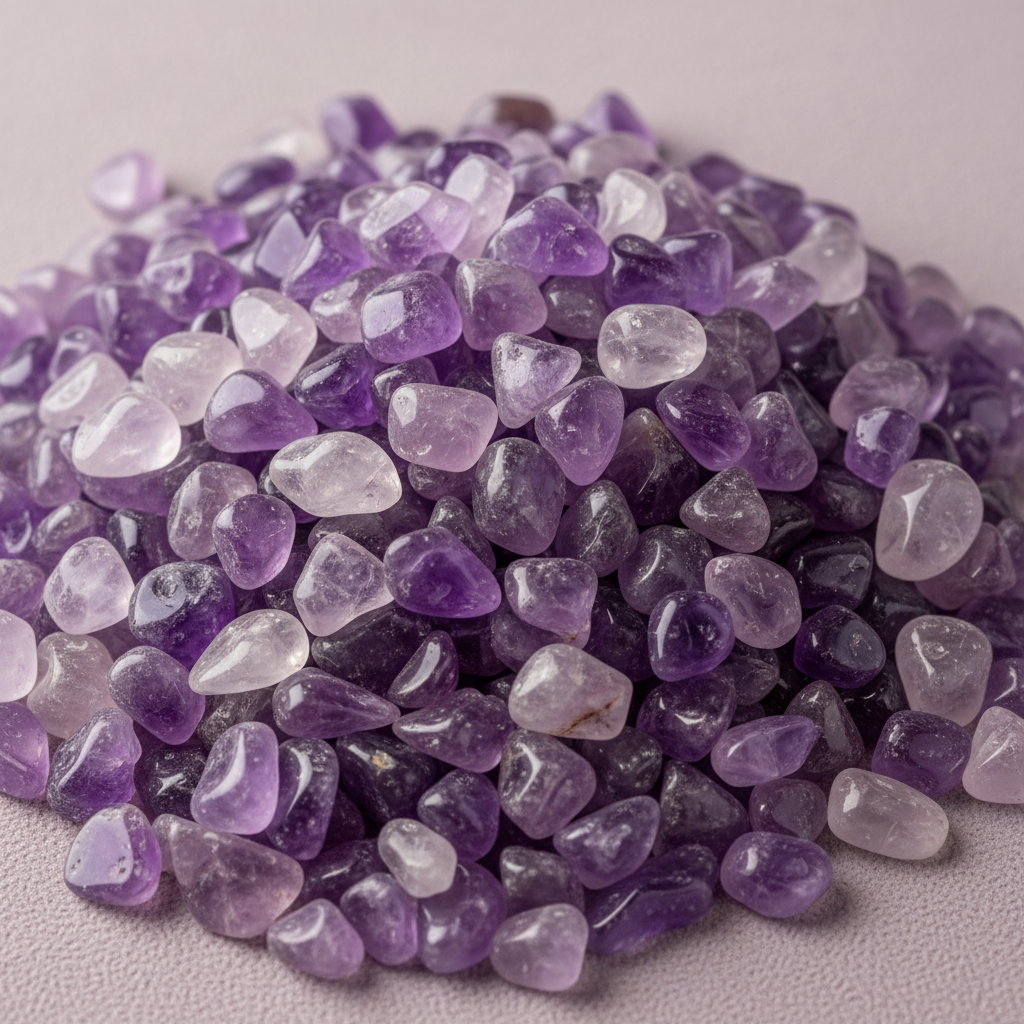 Close-up of natural Amethyst tumbled stones and crystal chips in lavender and violet tones