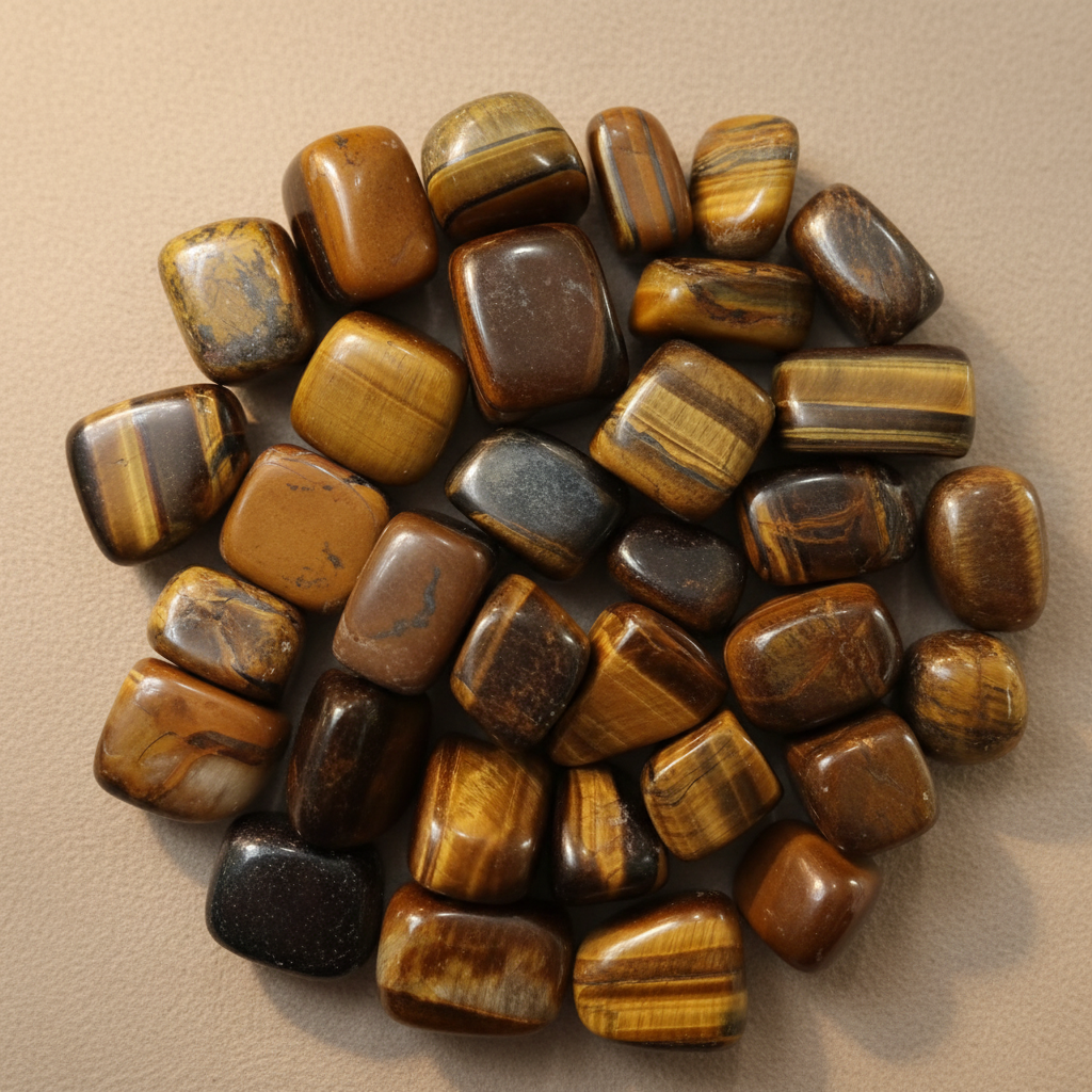 Close-up of smooth polished Tiger's Eye tumble stones with golden chatoyant bands