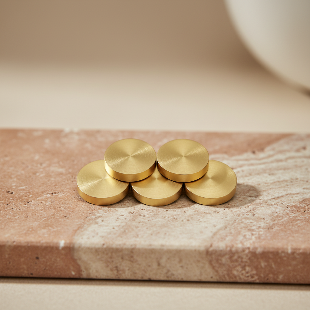 Compact cluster of round gold-toned pieces on a warm terracotta and cream stone surface
