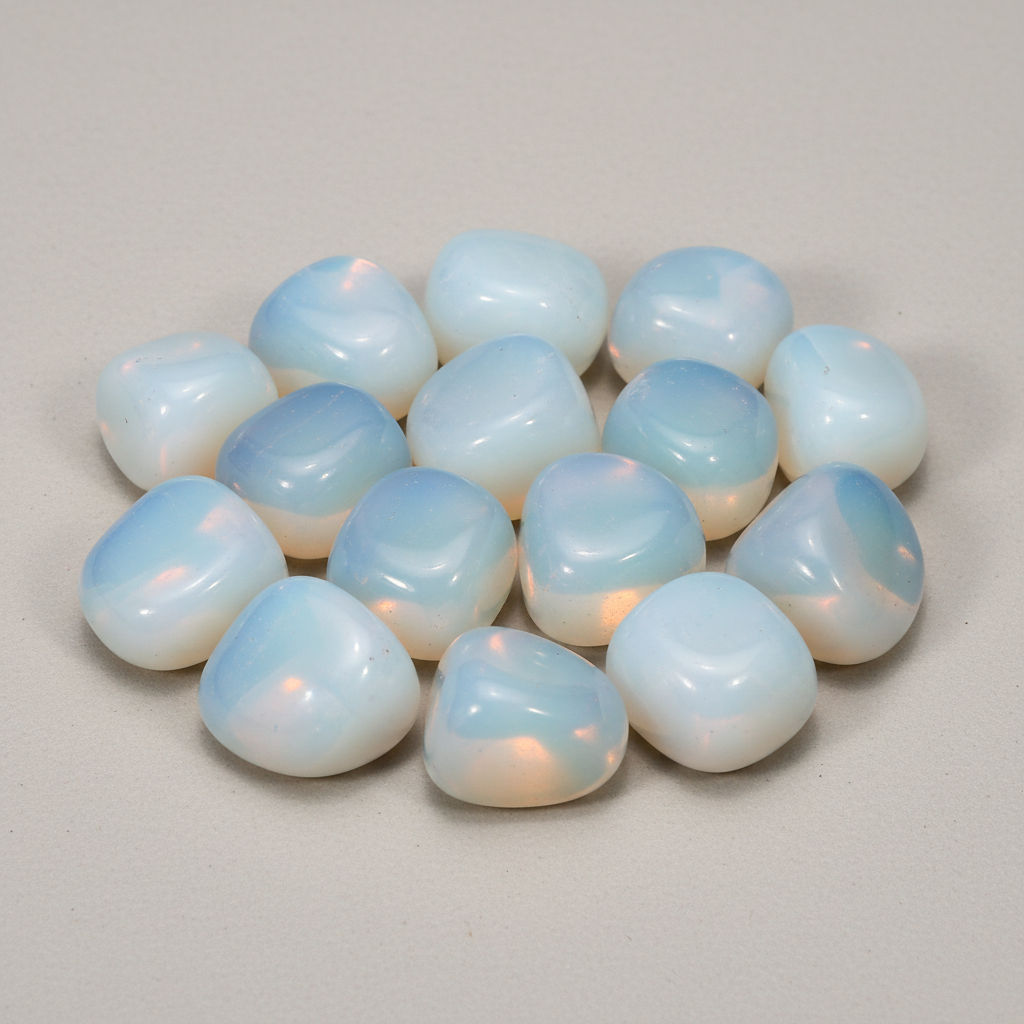 Close-up of polished Opalite tumble stones on a light neutral background