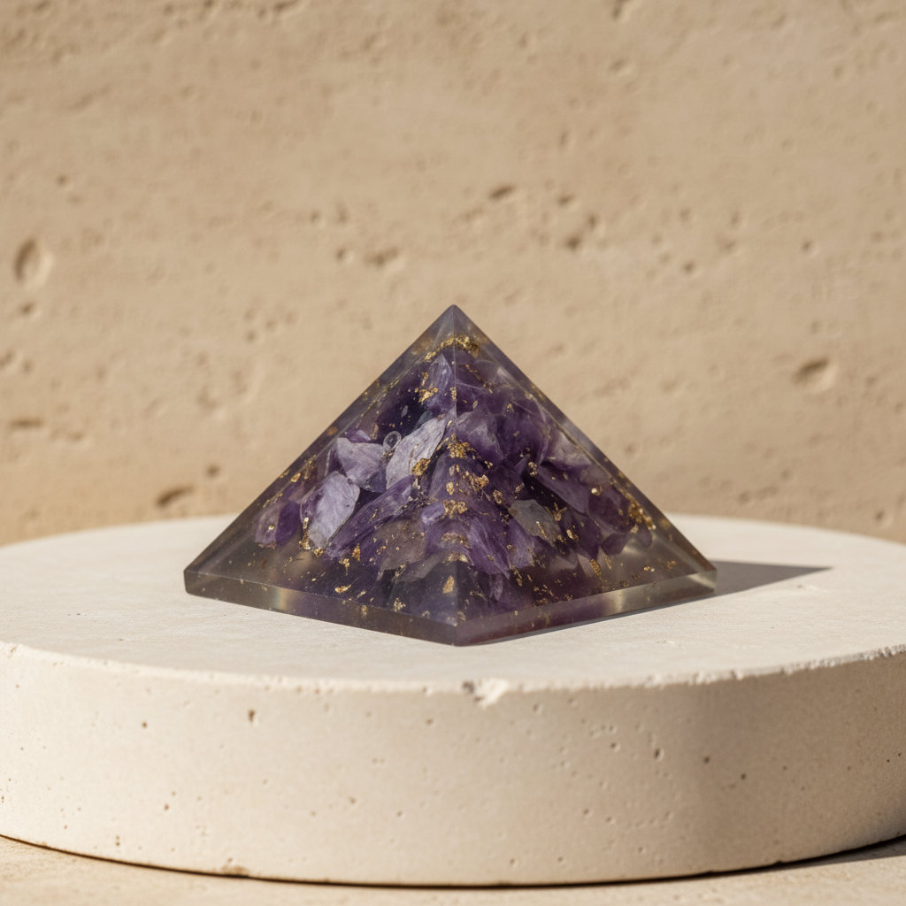 Purple amethyst pyramid displayed on a light stone pedestal