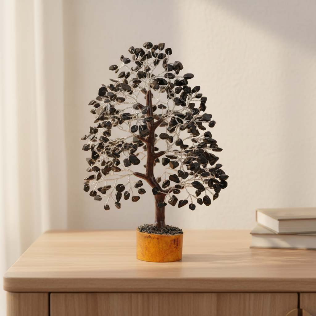 Black Tourmaline crystal tree displayed on a wooden console in a calm home workspace