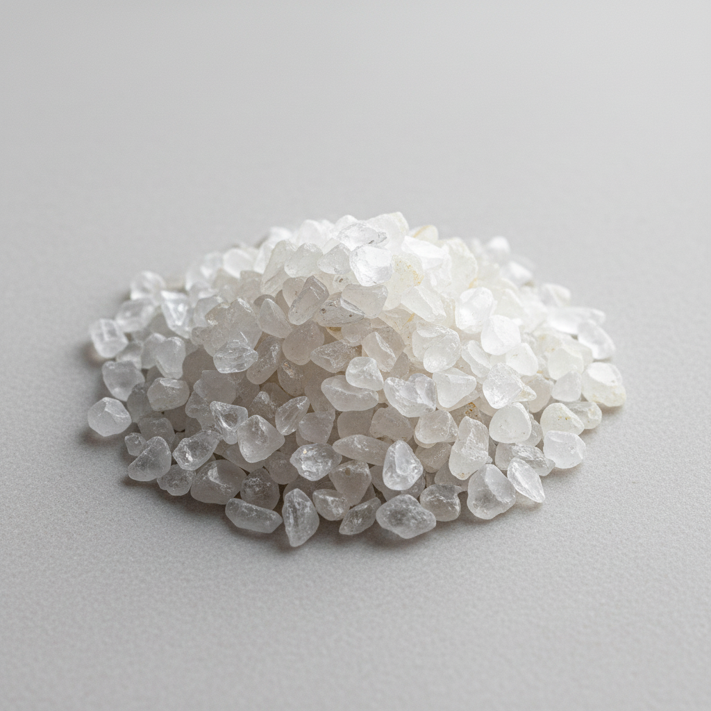 Close-up of translucent Clear Quartz crystal chips on a pale grey surface
