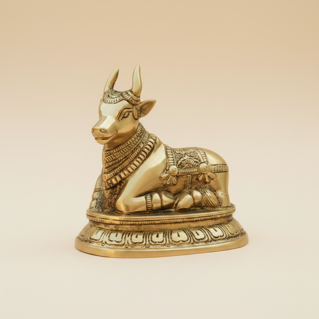 Nandi Ji murti in a warm studio setting, side three-quarter view