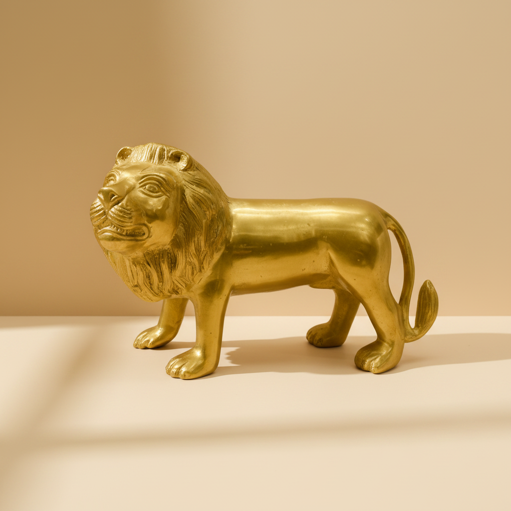 Golden lion statue in a warm studio setting, side three-quarter view