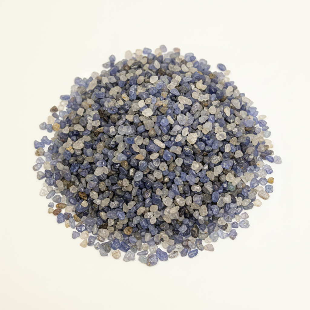 Close-up pile of Blue Sapphire crystal chips on a light background