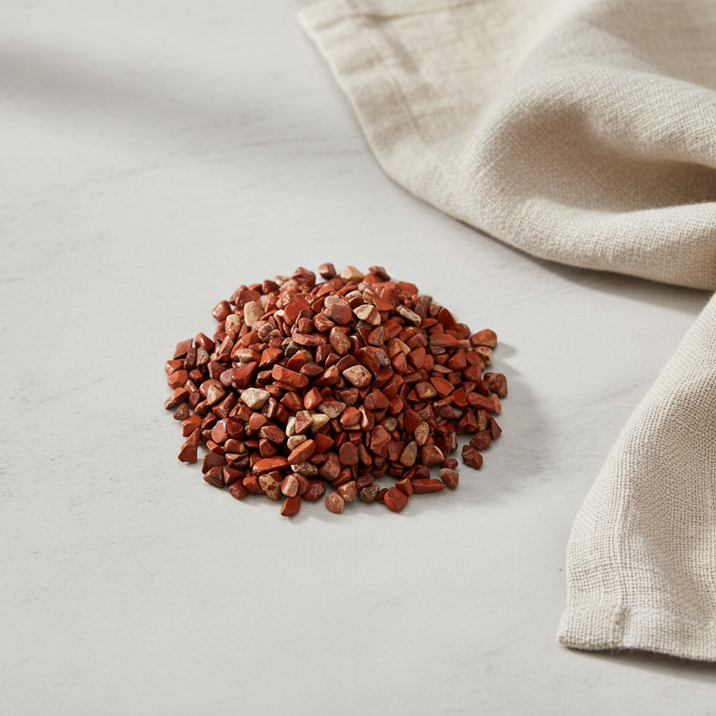 Red Jasper crystal chips arranged with neutral linen décor