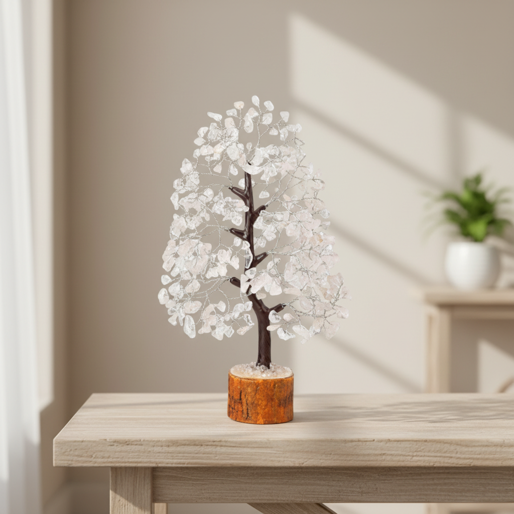 Clear Quartz crystal tree displayed on a wooden console in a bright calm home space