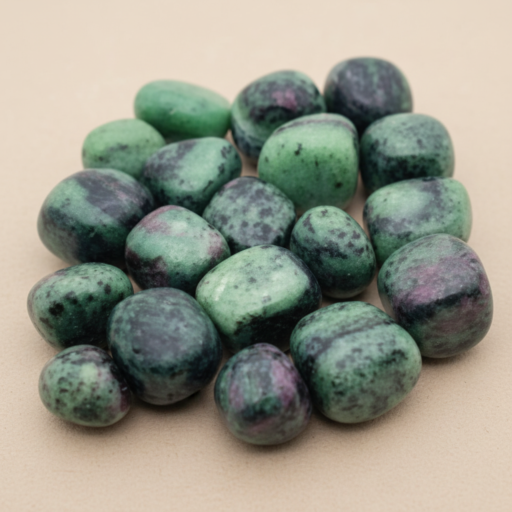 Close-up of smooth polished Ruby Zoisite tumble stones with green matrix and red inclusions