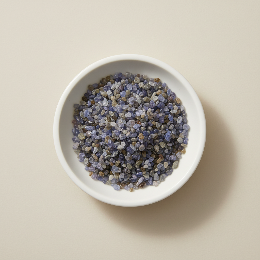 Blue Sapphire crystal chips arranged in a white ceramic dish