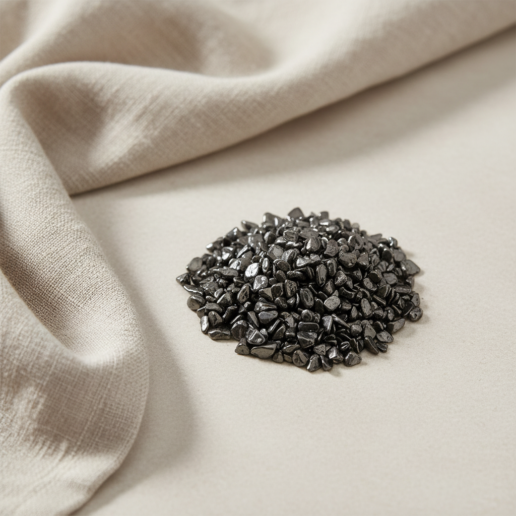 Hematite crystal chips arranged with neutral linen décor
