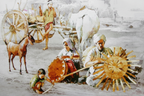 Close view of the rural village painting poster with ox carts and earthy tones